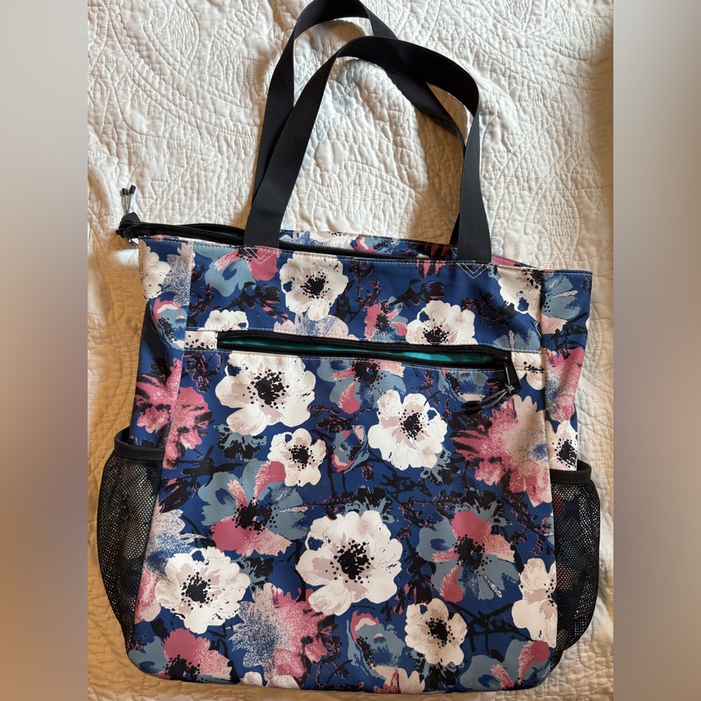 Blue and Pink Floral Tote with Black Trim